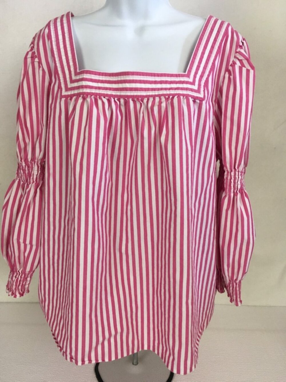 The Pioneer Women Top Size 1X Pink White Stripe Square Neck Long Sleeves Smocked